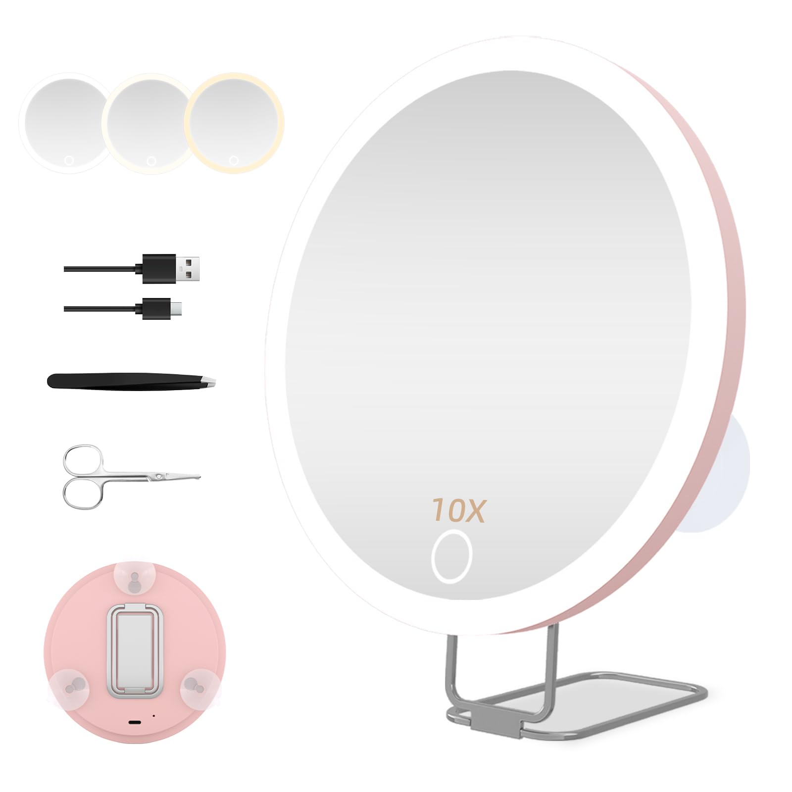 Espejo de aumento con luz 20X, espejo de maquillaje de viaje con aumento, luz regulable de 3 colores para maquillaje, grande de 15 cm, recargable, con pinzas y tijeras