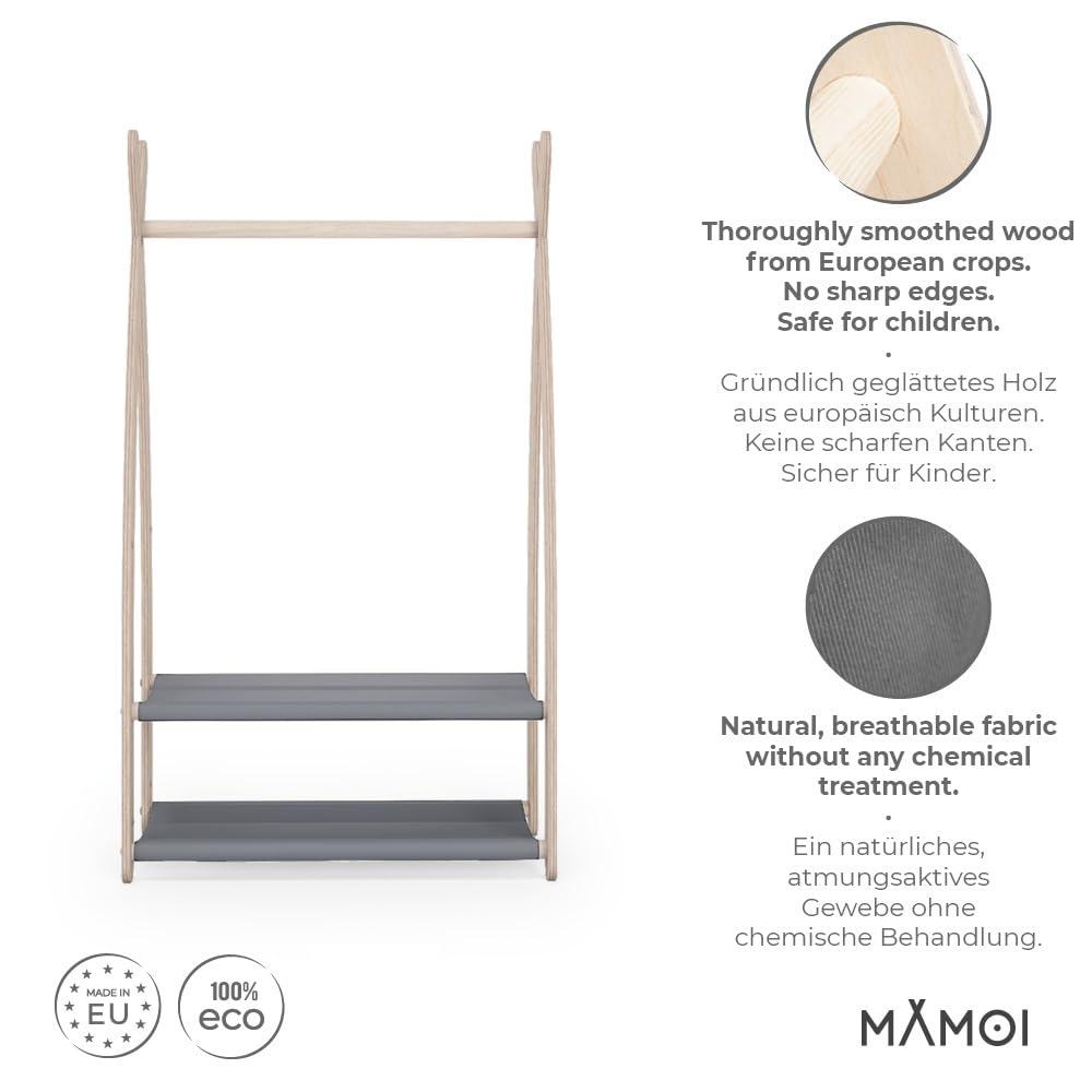 MAMOI® Perchero para niños 95x106x32cm / 53x95x32cm | Armario para niños | Perchero de pie | Riel de ropa para niños | Carril de madera | Armario para niños | 100% ECO | Hecho en la UE