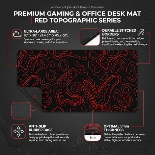 Image of Extended Desk Mat 458 x 915 mm | Premium Abstract Desk Mat with Stitched Edges | 3mm Thick Non-Slip Desk Pad for Gaming, Office & Workstation (Black-Red Topography Abstract)