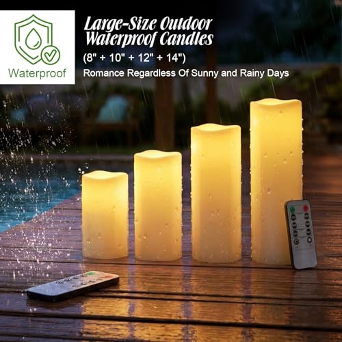 Image of Rossesay 8 inch 10 inch 12 inch 14 inch x 4 inch Large Waterproof Outdoor Flameless Candle, 4 Pcs LED Pillar Candle with Remote and Timer Battery Operated Jumbo Flickering for Halloween Xmas Church (Ivory White, Vivid)