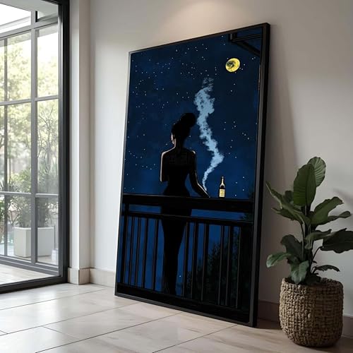 Toile murale femme et lune affiche decorative nuit 21x30cm