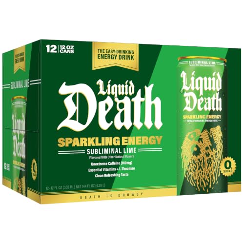 Image of Liquid Death Sparkling Energy - Subliminal Lime (Lemon Lime), Zero Sugar Energy Drink, Unextreme Caffeine 100mg, Essential Vitamins, 12 Fl Oz (Pack of 12)