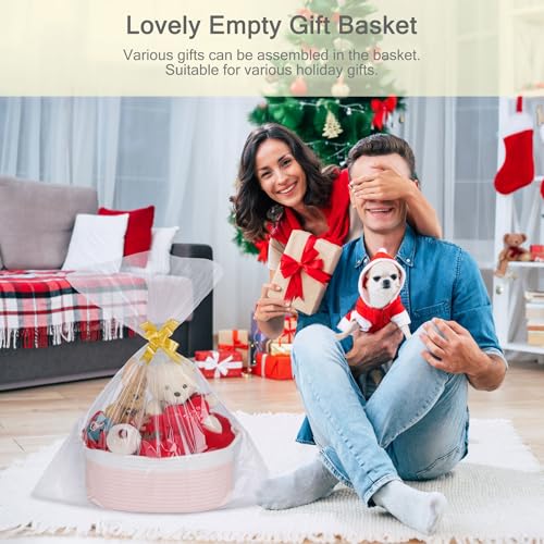 Image of Small Empty Gift Basket with Bag & Ribbons, White & Light Pink