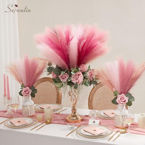 Image of Serwalin Hot Pink & Blush & Pink Pampas Grass Decor, 17.7 Inch 6pcs Faux Pampas Grass, Artificial Pampas Grass for Wedding Table Centerpieces Decoration