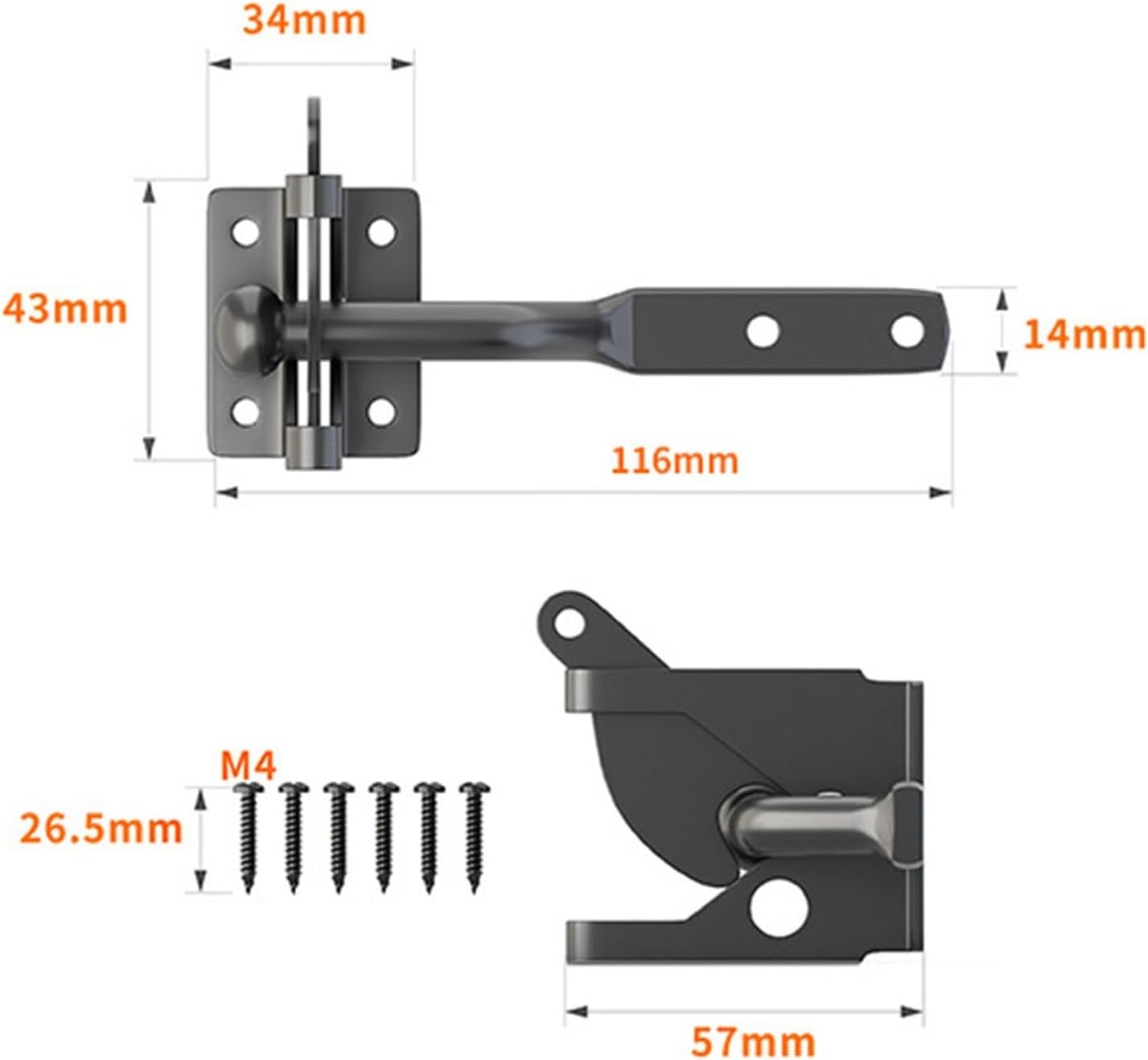 2Pcs Fence Latch Self Locking Gate Latch Automatic Lever Fence Gate Lock for Wood Gate Door Latches Steel Lock Buckle(Black 116mm)