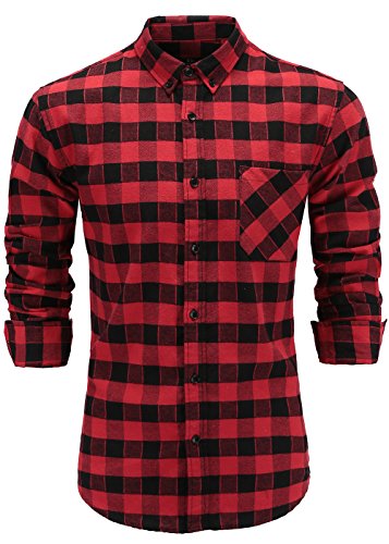 Emiqude Men's Flannel 100% Cotton Slim Fit Long Sleeve Button-Down Plaid Dress Shirt Small Black Red