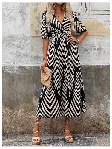 Image of SweatyRocks Women's Summer Half Sleeve Wrap V Neck Smocked A Line Midi Dress