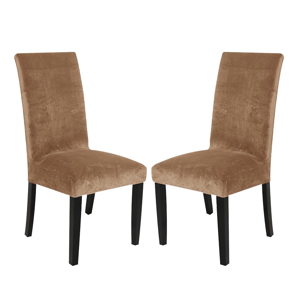 SANOCAY Soft Thick Light Brown Solid Velvet Dining Chair Covers Parson Stretch Chair Slipcover for Dining Room Washable Set of 2 Chair Protectors Covers (Light Brown, Set of 2) — image 1