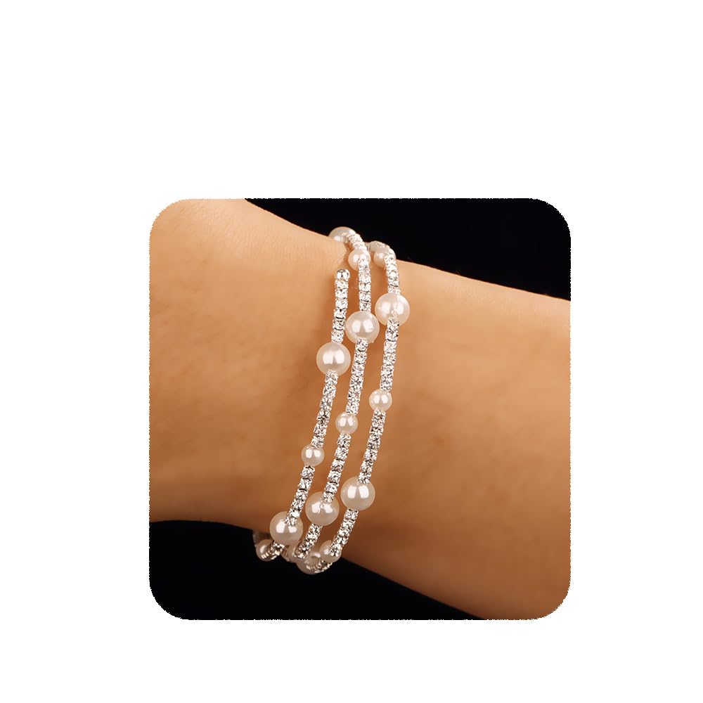 YERTTER Wedding Silver Pearl Rhinestone Multi Layered Stretch Wrap Bracelet 1920s Vintage Strand Layered Bracelet Gift for Women Brides