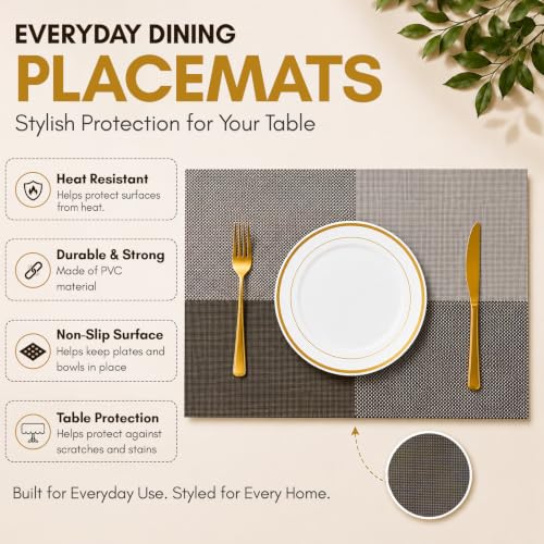Image of Solitude Set of 6 Dining Table Placemats | Non-Slip PVC Table Mats, Heat Resistant, Washable, Stain-Resistant Surface (Beige & Coffee, 45 x 30 cm)