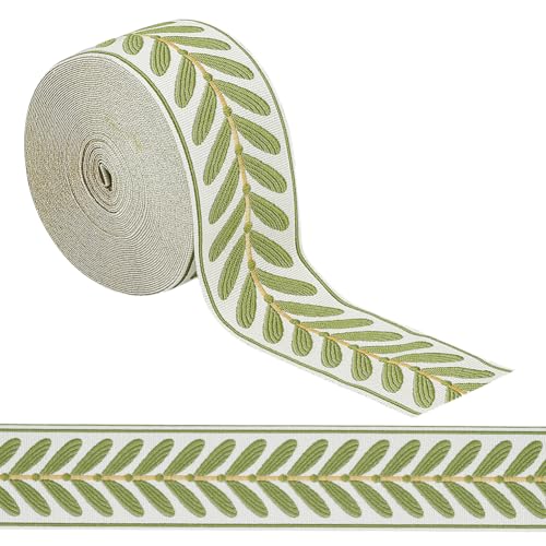 OLYCRAFT 10.9Yards Jacquard Ribbon Trim 2.4 Inch Leaf Pattern Jacquard Polyester Ribbons White Green Leaf Jacquard Woven Embroidery Trim for DIY Sewing Crafts Handmade Bag Belts Clothing Decoration