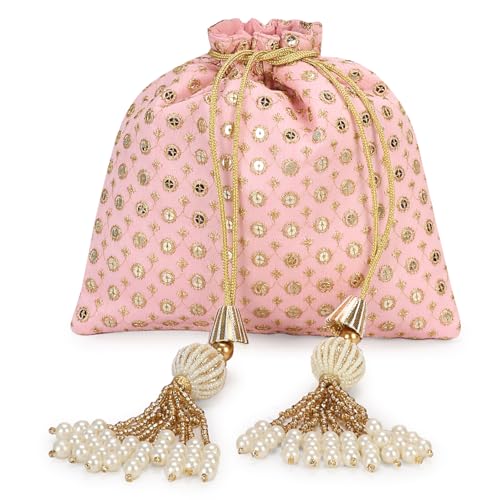 Image of LONGING TO BUY Indian Embroidered Pearl Potli Bag For Women, Sequence Design with Tassel, Wedding Potli Bags