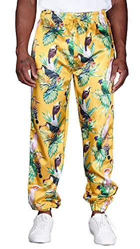 Mad Engine Men's Tropical Birds of Paradise Gold Satin Lounge Sleep Pants3