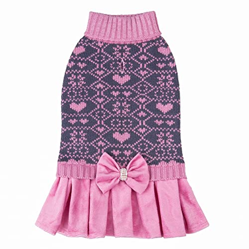 CuteBone Valentine's Day Dog Sweater Sweetheart Pink Dress Knit Sweater Girl Puppy Clothes Turtleneck One-Piece with Bowknot Bow Pet Clothes for Holiday Party Cat Apparel