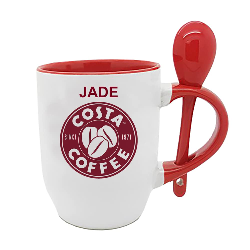 Giftme Personalised with Any Name Costa Unique Spoon Ceramic Mug Coffee Tea Mug. (Red Spoon)