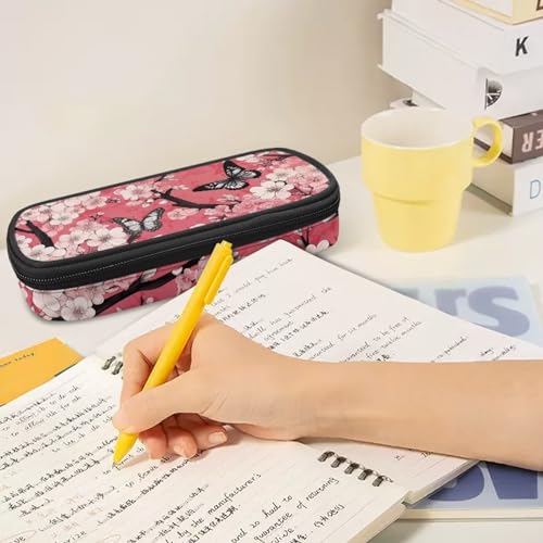 Image of Black Gray Butterflies Peach Blossom Pen Case Pouch, Large Capacity Pencil Pouch Pen Cases School Office Supplies Holder Box for Purse Fountain Pens