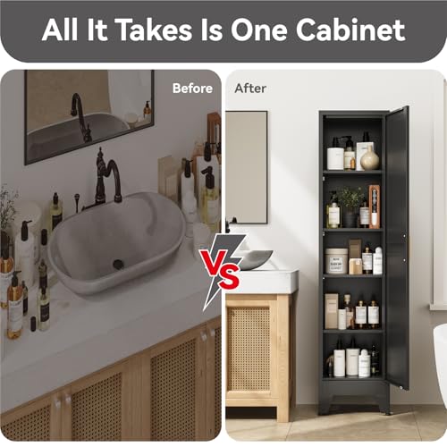 Image of 67 inch Tall Storage Cabinet with Reversible Doors and Adjustable Shelves,Metal Slim Freestanding Cabinet for Bathroom Kitchen Garage Small Spaces,Black,1 Pack