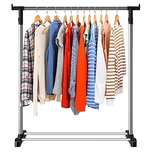 Retoo Kleiderständer auf Rollen Kleiderstange Garderobenständer Höhenverstellbar Rollgarderobe für Mäntel Röcke Hemden Pullover Edelstahl Bis...