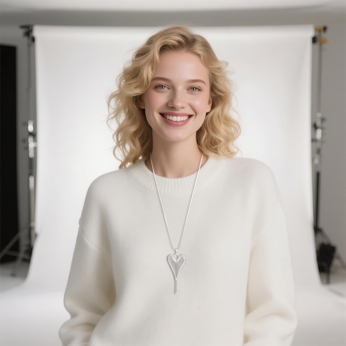 Long Heart Necklaces for Women 14K Gold-Silver Plated Trendy Brushed Chunky Pendant Layered Y Necklace Jewelry for Women With Gifts Box - Image 2