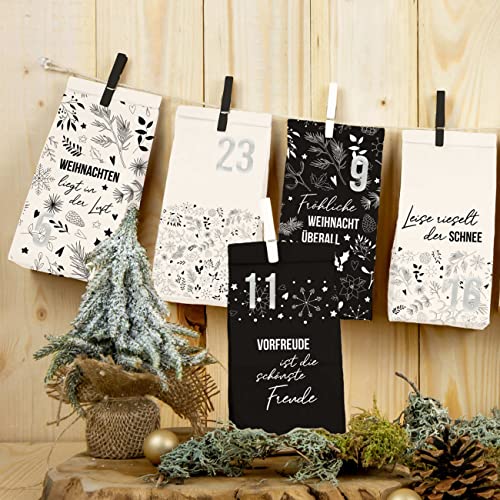 Papierdrachen Advent Calendar for Filling, 24 Black and White Gift Bags and 24 Number Stickers and Clips