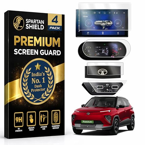 Image of Spartan Shield [4 PACK] SCREEN GUARD For TATA PUNCH EV 2026 Facelift || ADVENTURE | SMART+ || 8inch Infotainment Touchscreen + 4inch Instrument Cluster + Digital Steering + AC Panel Protector || Anti Scratch | Water Resistant | HD Clear | High Touch Sensitivity | Punch.EV Electric Car Music Stereo Accessories 2026+ [Not Tempered Glass] *** Doesn't Fit Empowered / Empowered+ Variants ***