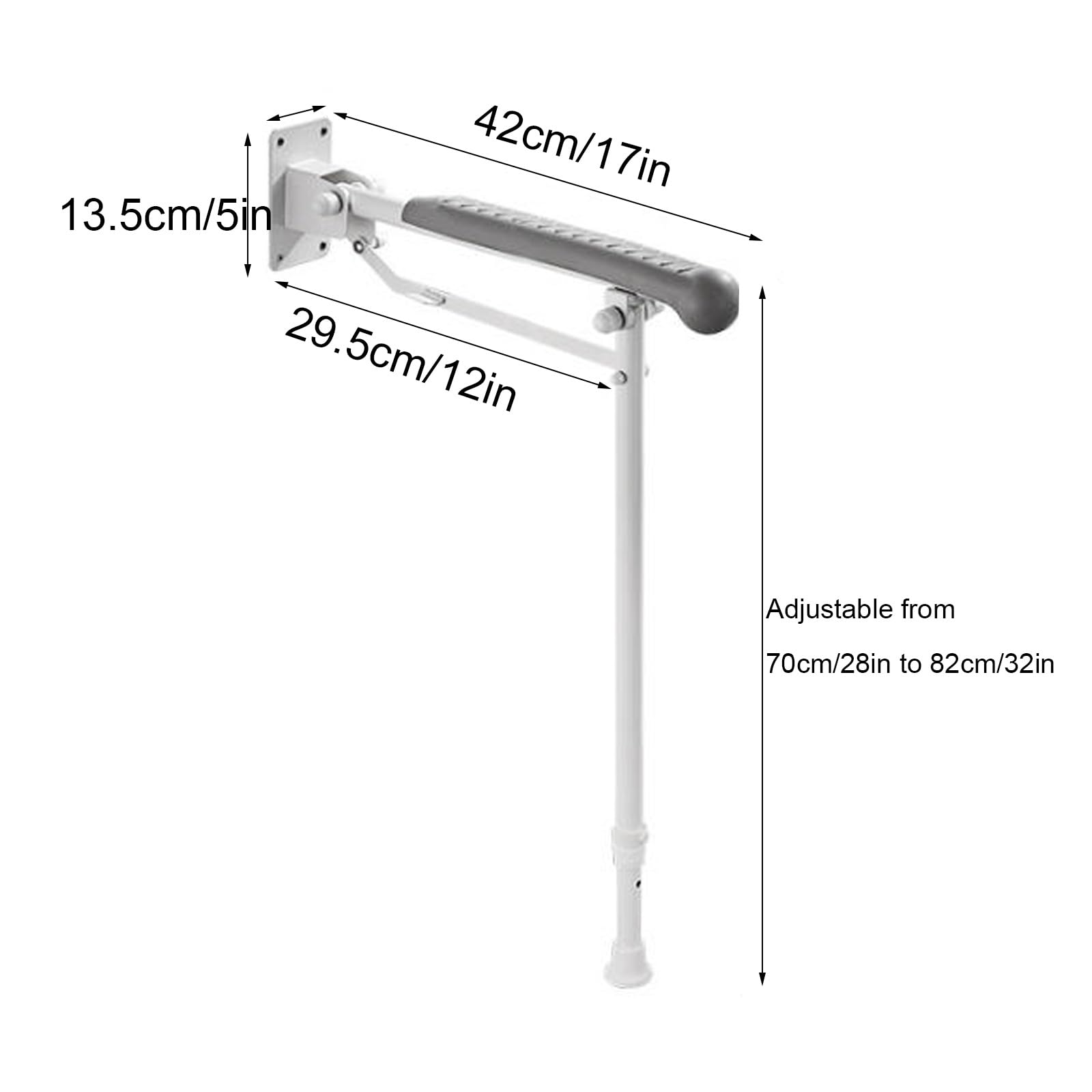 Barra de Apoyo para Inodoro, Altura Ajustable, Plegable con Pata, Ayuda para el baño, Agarre Antideslizante y Almohadilla de Goma (42 cm/17 Pulgadas)