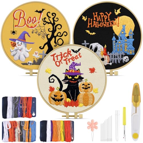 Image of Halloween Embroidery Kit for Adult, 3 Sets Embroidery Stitch Practice kit | Include Embroidery Cloth Hoops Threads for Craft Lover Hand Stitch