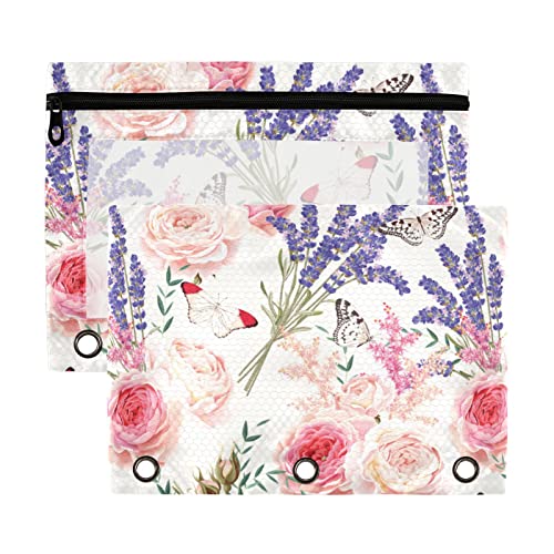 Estuche para lápices de 3 anillos con diseño retro de flores de lavanda y mariposas, paquete de 2 estuches de plástico transparente impermeable con cremallera, organizador de documentos de oficina