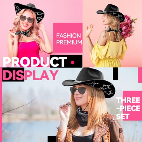 Image of SHENYI Cowgirl Hat and Bandana and Heart Sunglasses Glitter Rhinestone Star Cowboy Hat Western Sparkly Hats for Women Men