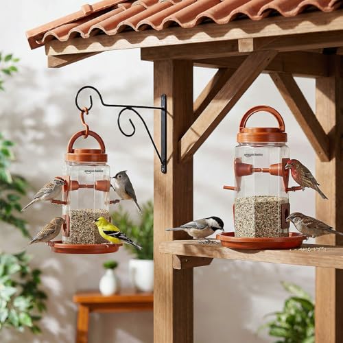 Image of Amazon Basics Hanging Bird Feeder | 500 g Capacity (Set of 2) | Multiple Feeding Ports | Weather-Resistant Food-Grade Plastic | Brown