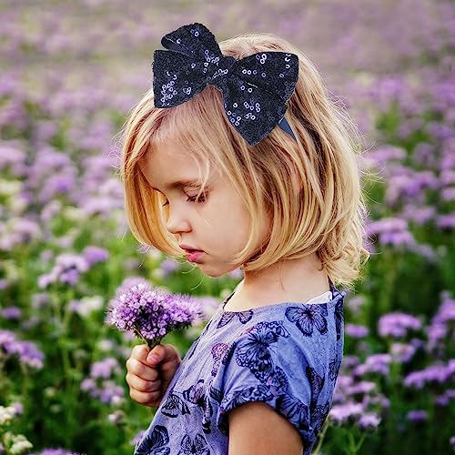 Set de accesorios de cabello con moños de grosgrain y lentejuelas – 6 piezas: moños brillantes, clips, diadema y liga para cabello para niñas pequeñas (Azul Marino) miniatura 2