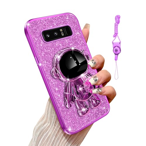 Annyojo Shiny Astronaut Phone Case for Galaxy Note 8 Phone Case - Sparkle Glitter Case for Women Girls with 6D Hidden Kickstand, Bling Electroplated Bumper, Soft TPU Protective Cover (Mystic Purple)