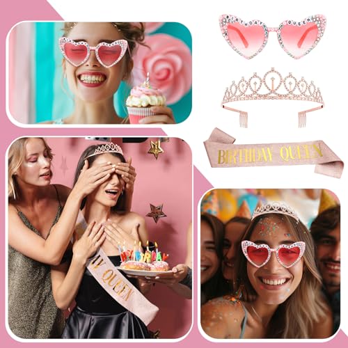 3 Pcs Birthday Queen Accessories Rhinestone Tiara and Sunglasses Queen Sash Glasses Set Birthday Party Favors for Women 21st 30th 40th 60th Party Birth Anniversary4