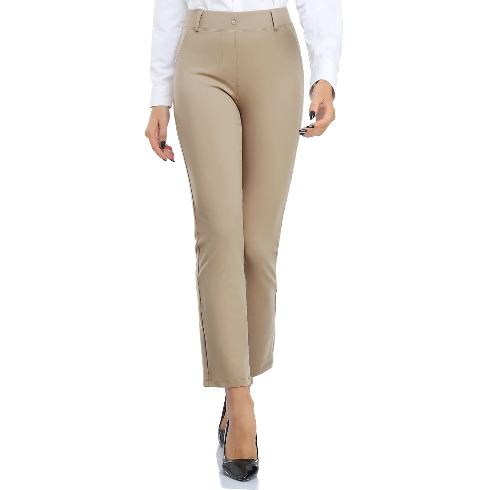 DAYOUNG Women's Yoga Dress Pants Straight Leg Work Office Business Casual Stretch Regular Slacks with Pockets Y67A-Khaki-XL