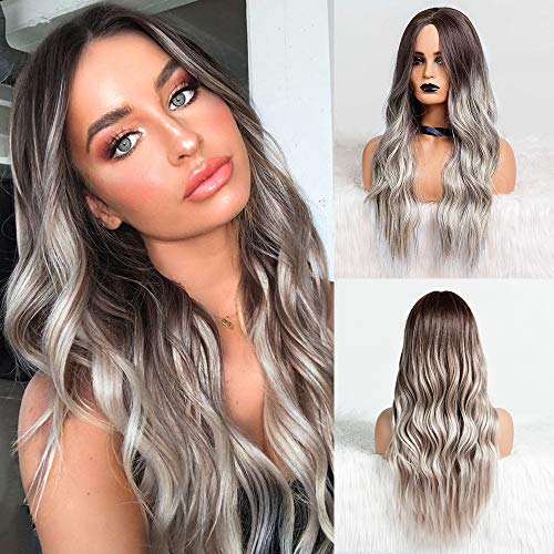 FORCUTEU Long Wavy Synthetic Wigs Ombre Grey Middle Part Natural Hair Wigs for Women Cosplay Wigs Heat Resistant Fiber (Ombre Grey)