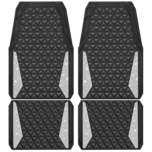 CAR PASS Bling Diamond Car Mats Rubber Floor Mats Full Set Anti-Slip 3D Rhombus Waterproof Trim to Fit Liner Universal Glitter Crystal Sparkly Shining Rhinestone Girl Women SUV Sedan, Silver Diamond