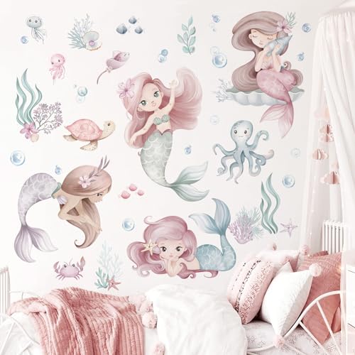 Image of wondever Under The Sea Mermaid Wall Stickers Ocean Theme Turtle Seaweed Peel and Stick Wall Art Decals for Baby Nursery Girls Bedroom Bathroom