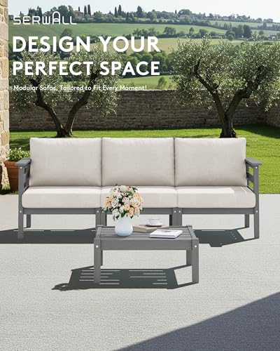 Image of SERWALL HDPE Patio Furniture Set, 4 Pieces Outdoor Sectional Sofa Set | All-Weather Wood-Like Outdoor Sofa Couch with Coffee Table, Modular Design for Flexible Combination