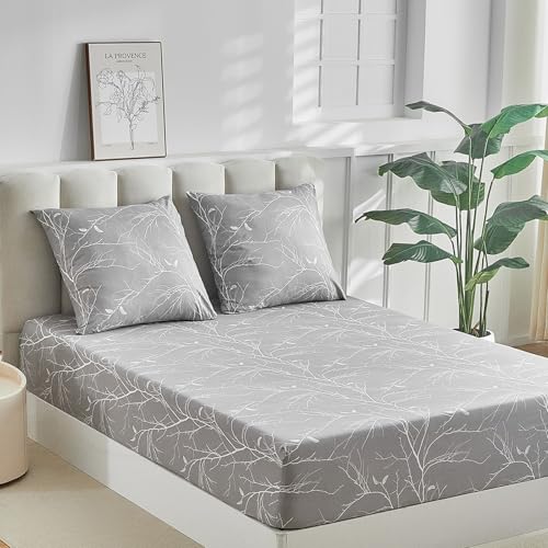 Tokokimo Drap Housse 160x200 cm 2 Personnes, 35CM Grand Bonnet, avec 2 Taie d'oreiller 65x65 - Drap Housse Microfibre Doux à Motif de Branche Réversible,...