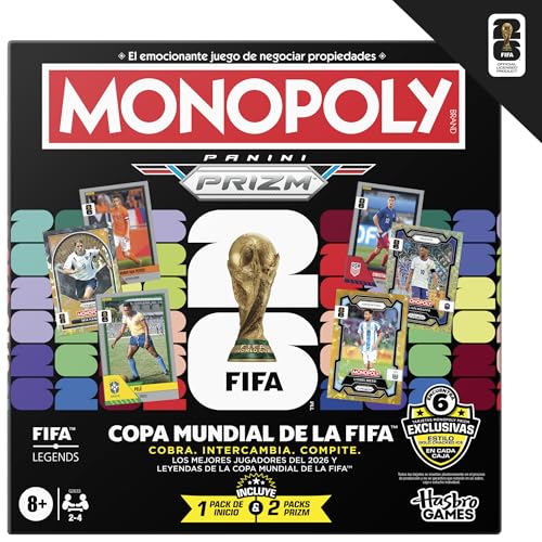 Juego Monopoly Panini Prizm: Copa Mundial de la FIFA I Juego de Mesa con Tema de fútbol y con Cartas coleccionables Monopoly Panini Prizm Copa Mundial de la FIFA 2026 I Edad: 8+ - Versión en español