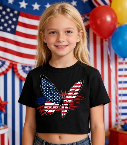 Image of Tkria Girl Crop Tops July 4th Crewneck Tshirt American Flag Patriotic USA Flag Girls Outfit Clothes Size 6-14