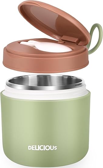 Wosta Insulated Food Container for Kids Adult - 15.2Oz/430 Ml, Stainless Steel Vacuum Insulated Kids Food Jar with Folding Spoon, Leak Proof, Vacuum Insulated Thermo. (430 Ml, Green)