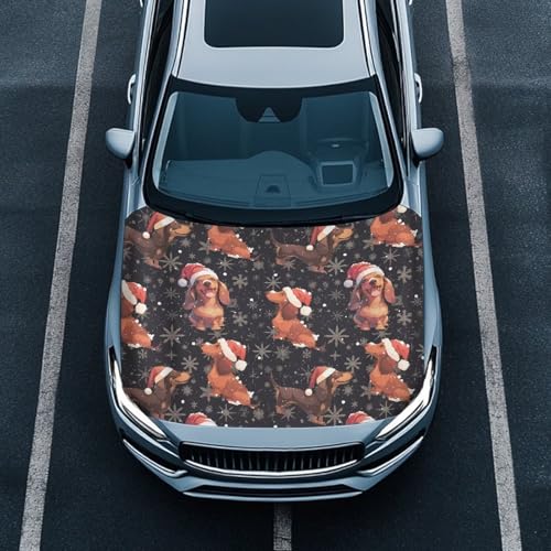Image of Christmas Car Hood Protector, Christmas Hat Dachshund Stretchable Polyester Protector for Car Hood, Santa Claus Hat Animal Universal Auto Exterior Accessories for Sedan