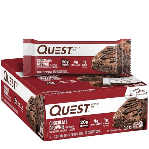 Quest Nutrition Chocolate Brownie Flavour Protein Bar, High Protein, High Fibre, Low Sugar, Keto Friendly, 20g Protein, 1g Sugar, 12ct