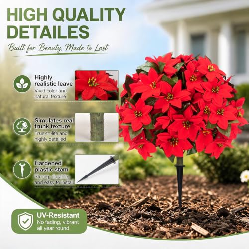 Image of 26 inch Artificial Poinsettia Topiary Ball Tree 2-Pack, UV Resistant Outdoor