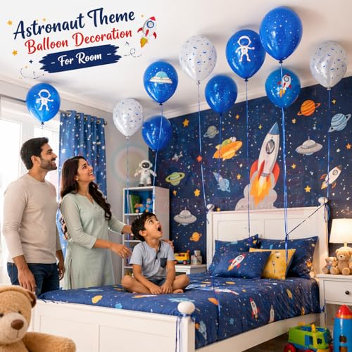 Image of Propsicle Space Theme Printed Latex Balloons 12 Inch, Blue Astronaut Rocket UFO Design for Kids Birthday Decoration, Supports Air and Helium - Pack of 10