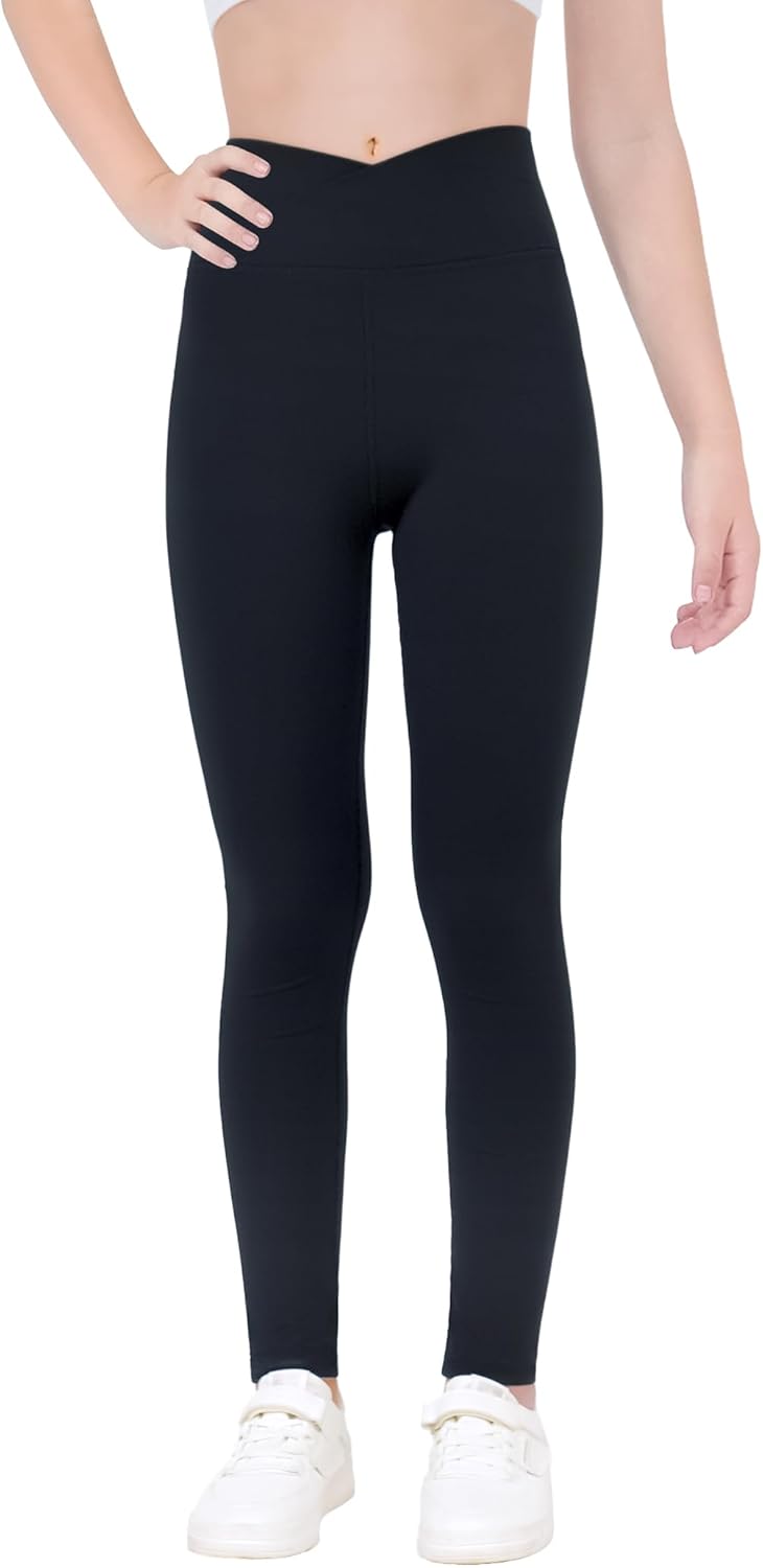 Girls Leggings V Cross Yoga Pants Stretch Soft Full Length High Waisted Trousers for Kids Teen Workout Running Dance