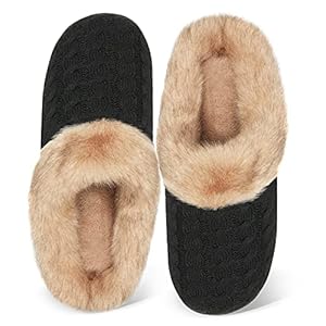 WateLves Women’s Memory Foam Slippers Knitted Fur Collar House Shoes Anti-Skid Sole for Indoor & Outdoor