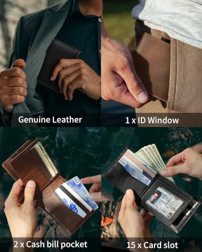 Image of Artpaxy Mens Wallet Bifold Genuine Leather RFID Blocking Wallet for Men with 1 ID Window 15 Card Holders 2 cash pockets 1 Gift Box