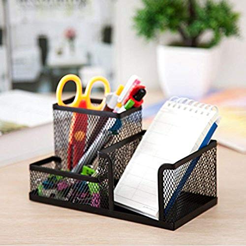 Image of 3 Compartment Multi Functional Metal Mesh Desk Organizer for Office Pen Pencil Stand Ruler Visiting Card Sticky Notes Holder,8 x 4 x 4 inch (Black)